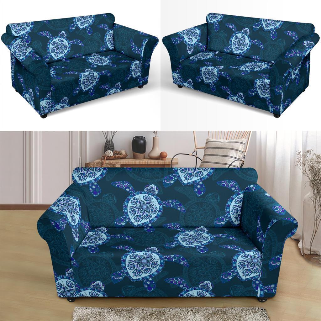 Blue Hawaiian Sea Turtle Pattern Print Loveseat Cover-grizzshop