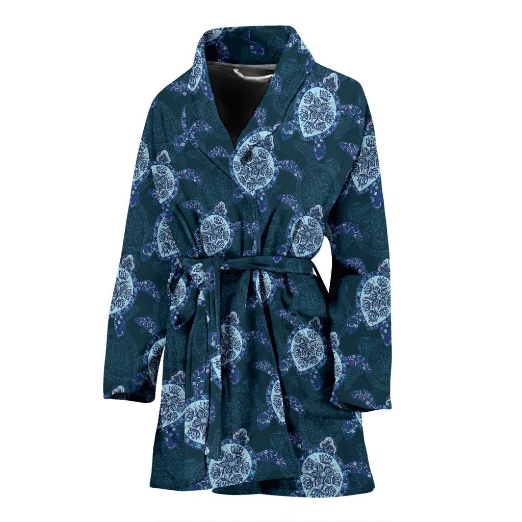 Blue Hawaiian Sea Turtle Pattern Print Women Long Robe-grizzshop