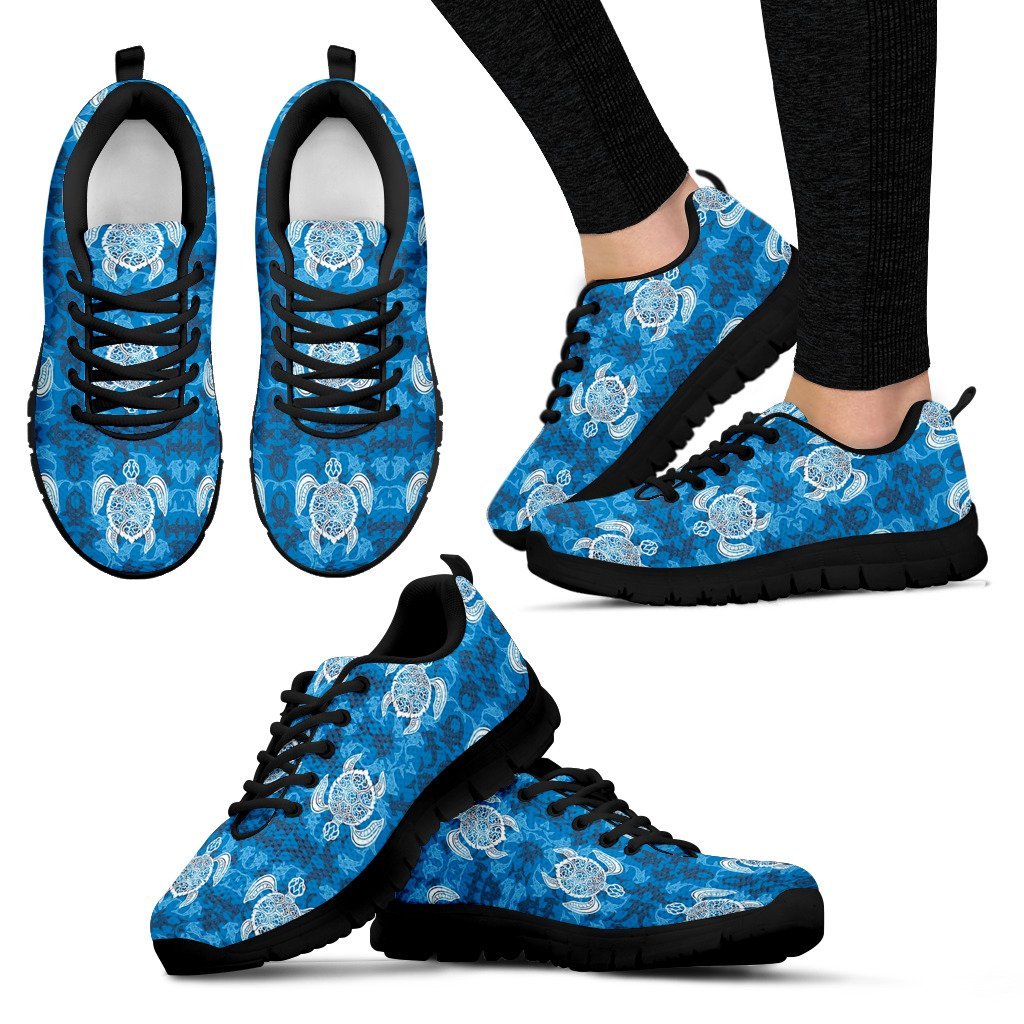 Blue Hawaiian Shark Sea Turtle Pattern Print Black Sneaker Shoes For Men Women-grizzshop