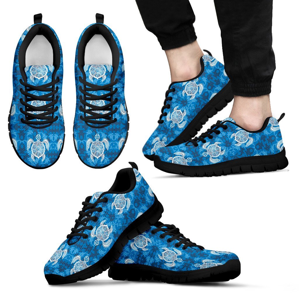 Blue Hawaiian Shark Sea Turtle Pattern Print Black Sneaker Shoes For Men Women-grizzshop