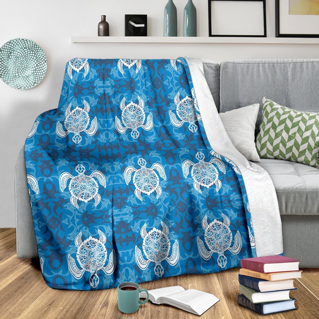 Blue Hawaiian Shark Sea Turtle Pattern Print Blanket-grizzshop