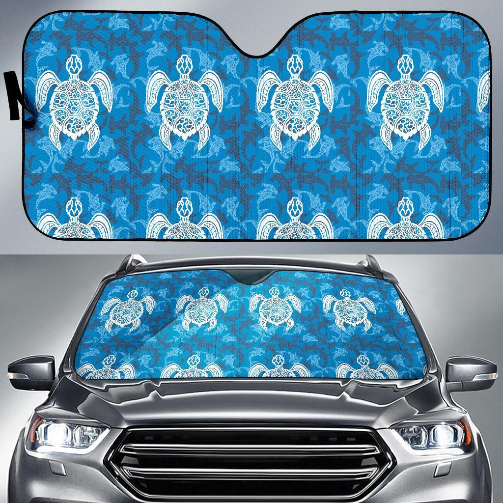 Blue Hawaiian Shark Sea Turtle Pattern Print Car Sun Shade-grizzshop