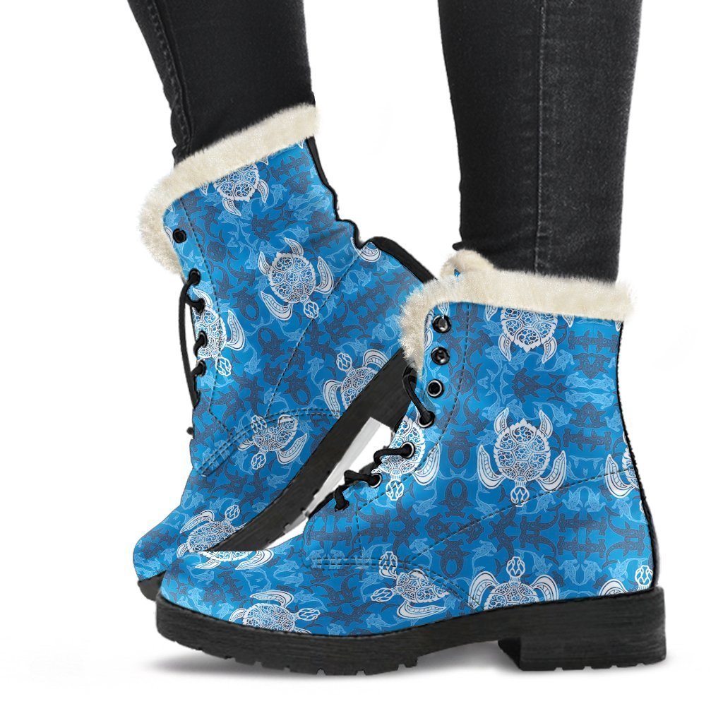 Blue Hawaiian Shark Sea Turtle Pattern Print Comfy Winter Boots-grizzshop