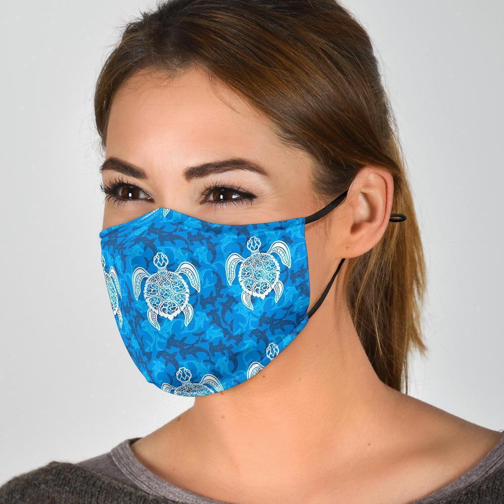 Blue Hawaiian Shark Sea Turtle Pattern Print Face Mask-grizzshop