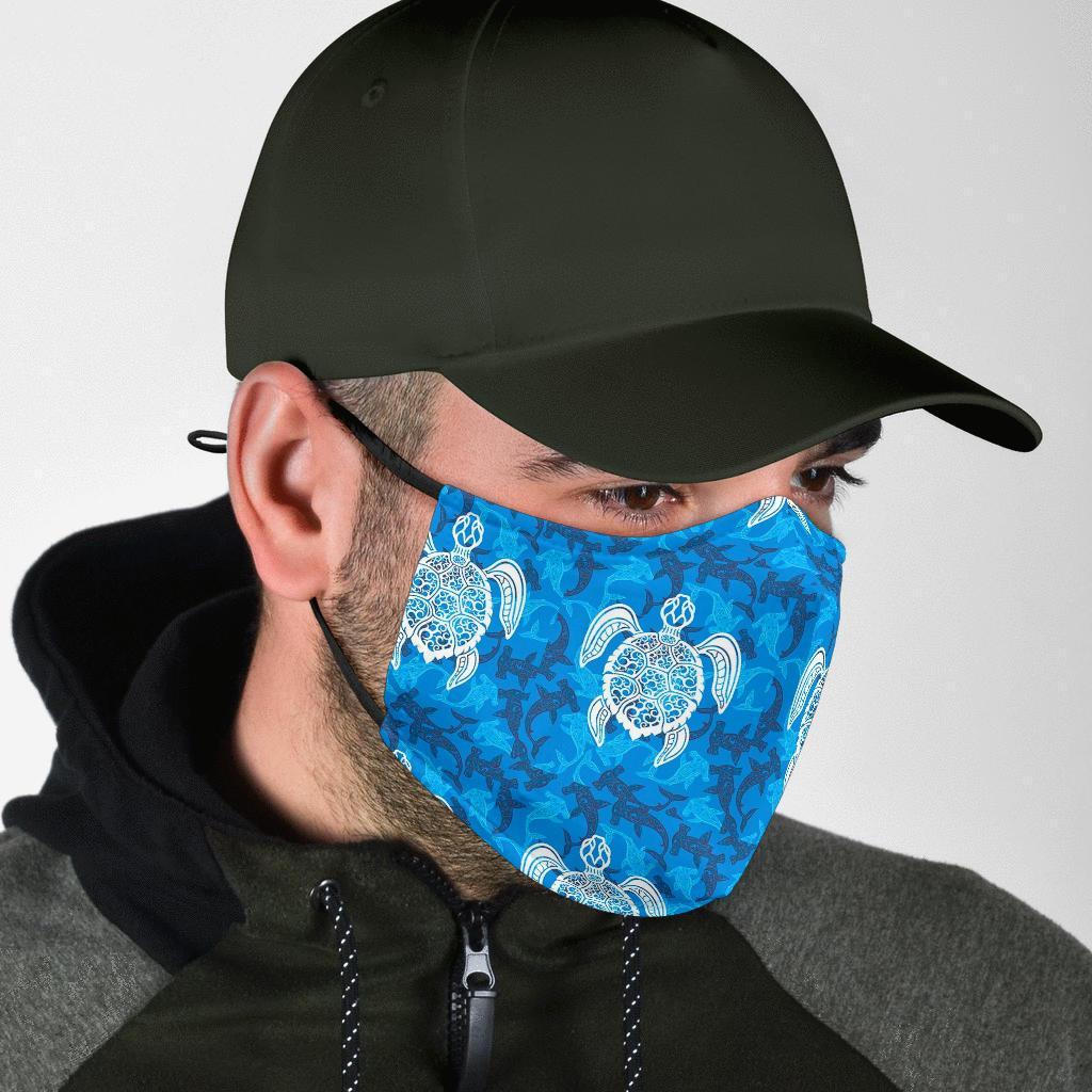 Blue Hawaiian Shark Sea Turtle Pattern Print Face Mask-grizzshop