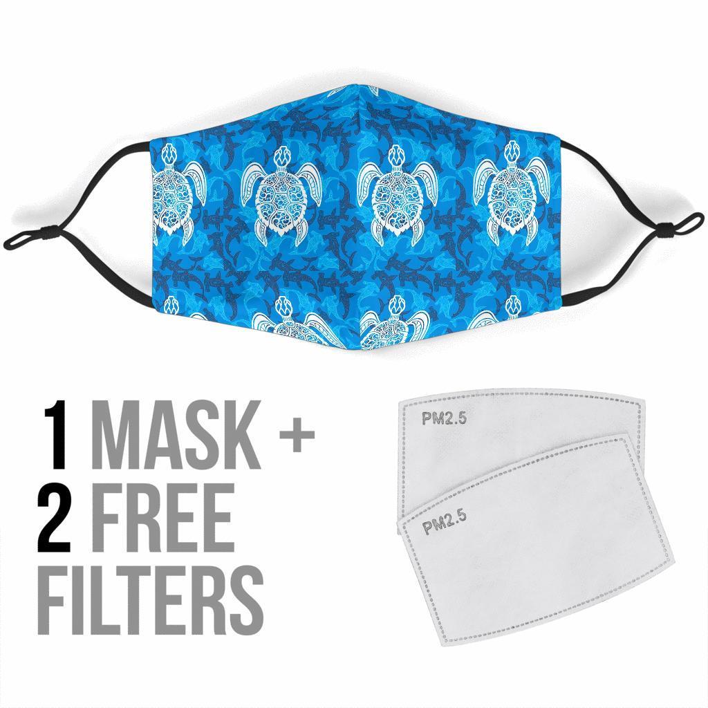 Blue Hawaiian Shark Sea Turtle Pattern Print Face Mask-grizzshop