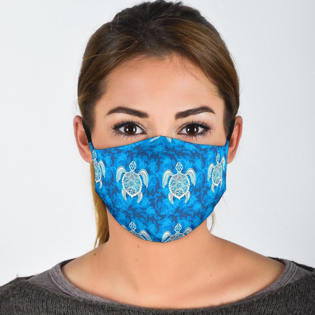 Blue Hawaiian Shark Sea Turtle Pattern Print Face Mask-grizzshop