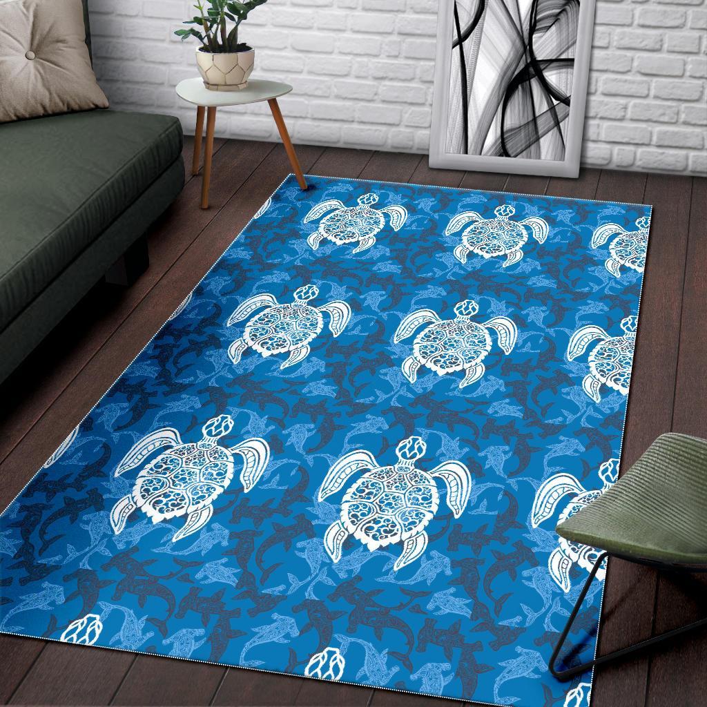 Blue Hawaiian Shark Sea Turtle Pattern Print Floor Mat-grizzshop