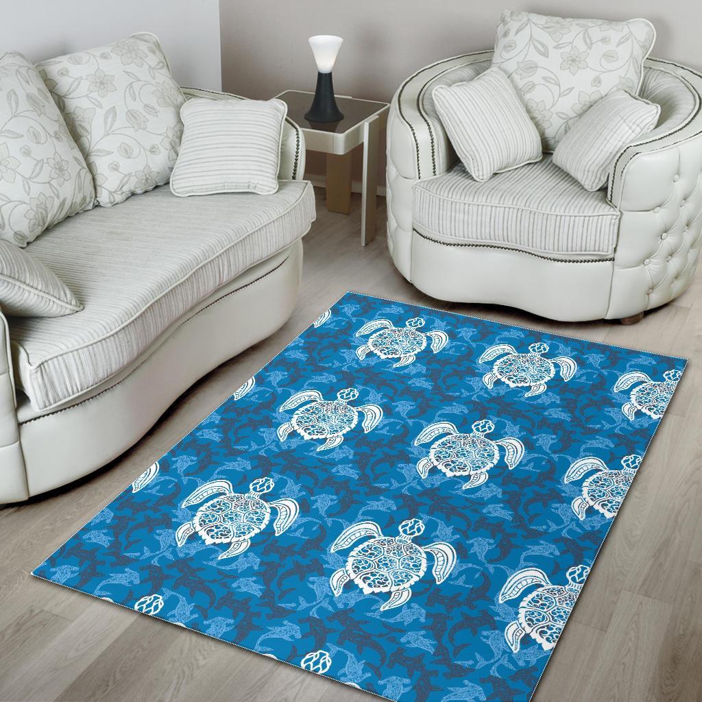 Blue Hawaiian Shark Sea Turtle Pattern Print Floor Mat-grizzshop