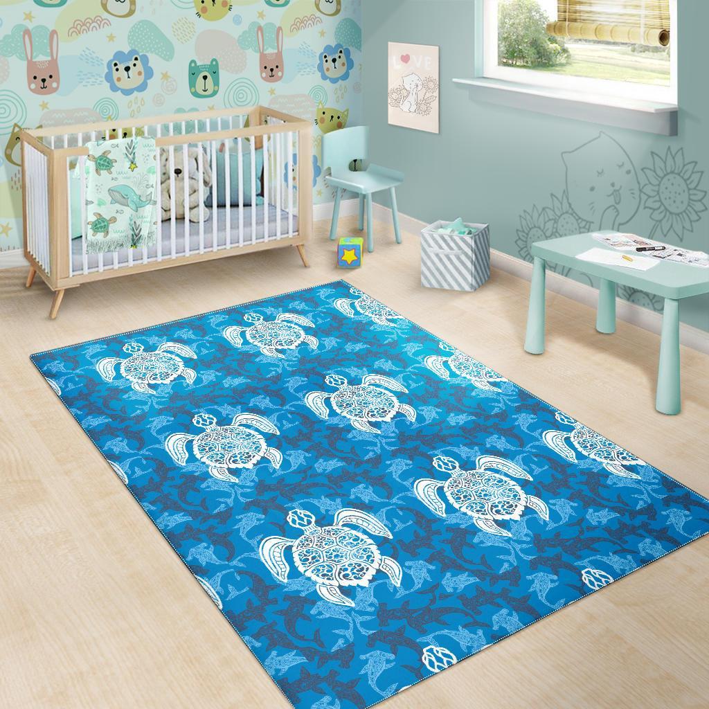 Blue Hawaiian Shark Sea Turtle Pattern Print Floor Mat-grizzshop