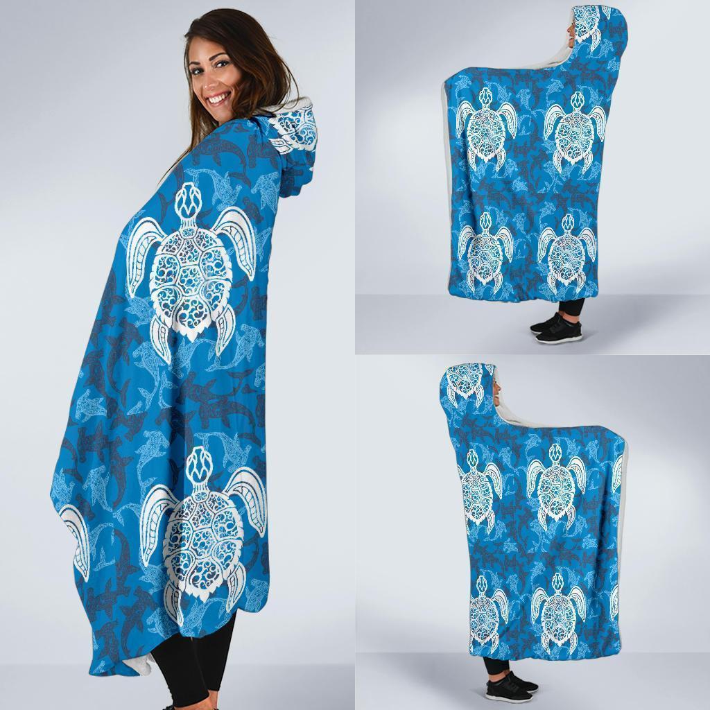 Blue Hawaiian Shark Sea Turtle Pattern Print Hooded Blanket-grizzshop