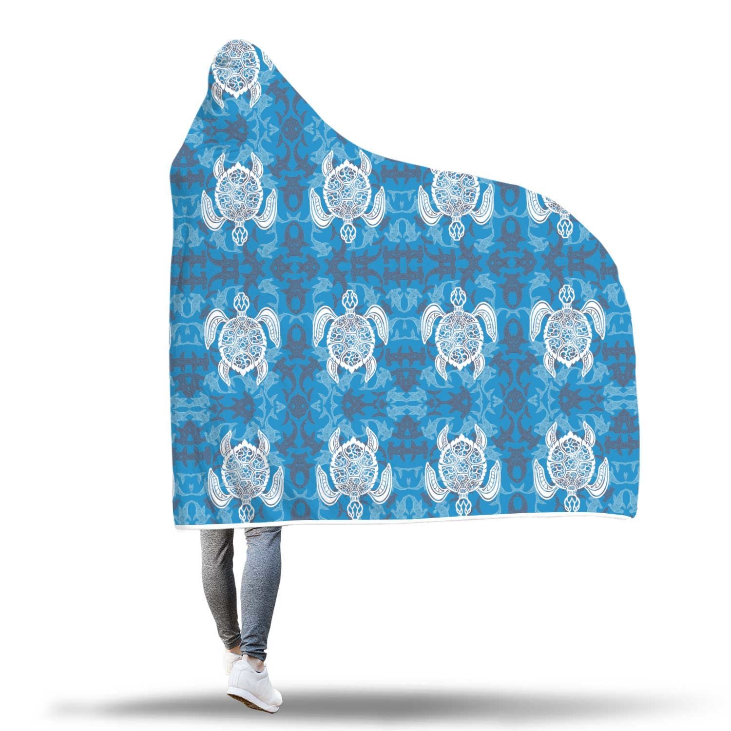 Blue Hawaiian Shark Sea Turtle Pattern Print Hooded Blanket-grizzshop