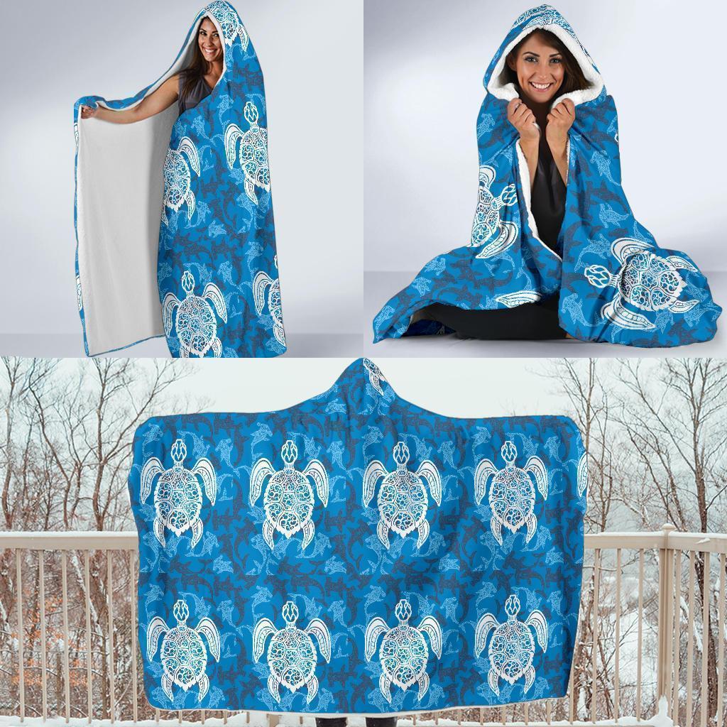 Blue Hawaiian Shark Sea Turtle Pattern Print Hooded Blanket-grizzshop