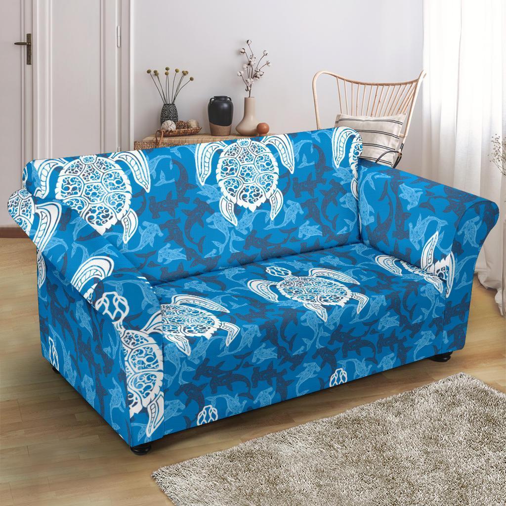 Blue Hawaiian Shark Sea Turtle Pattern Print Loveseat Cover-grizzshop