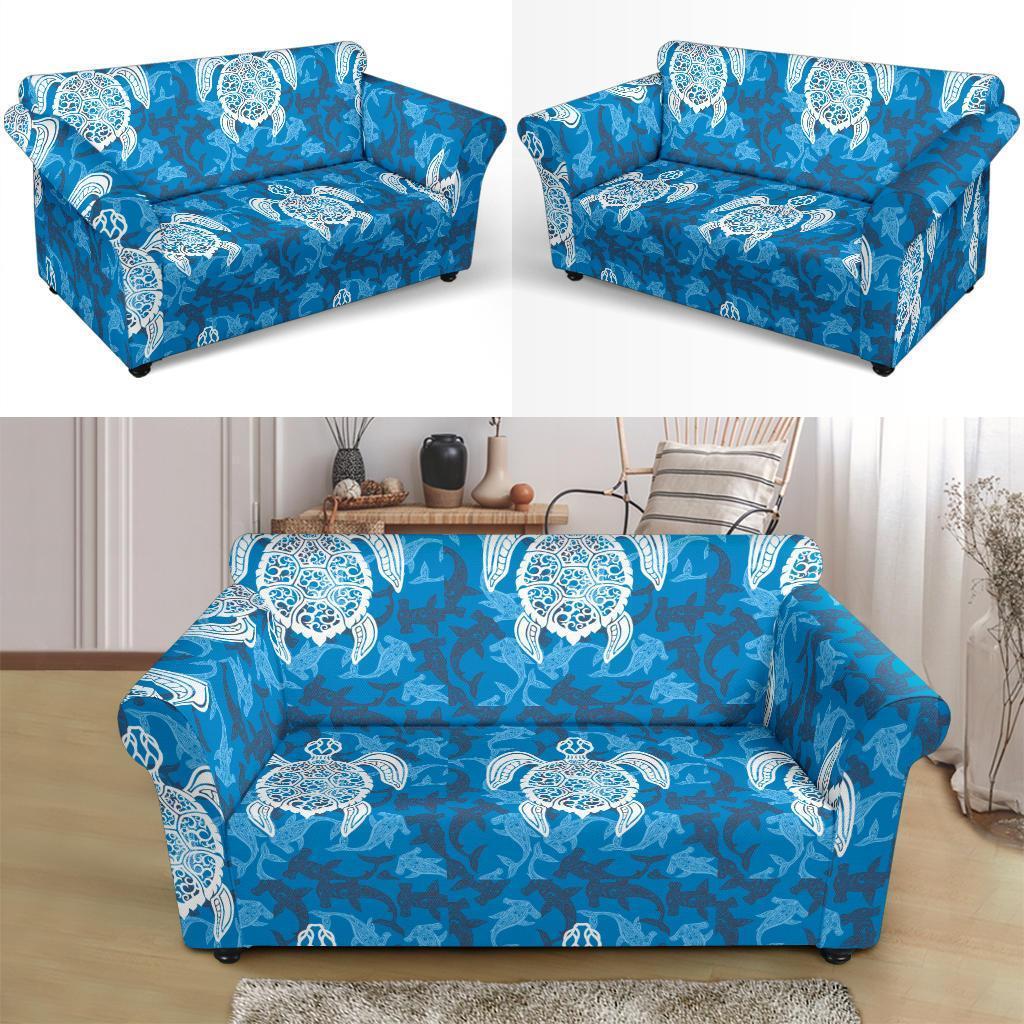 Blue Hawaiian Shark Sea Turtle Pattern Print Loveseat Cover-grizzshop