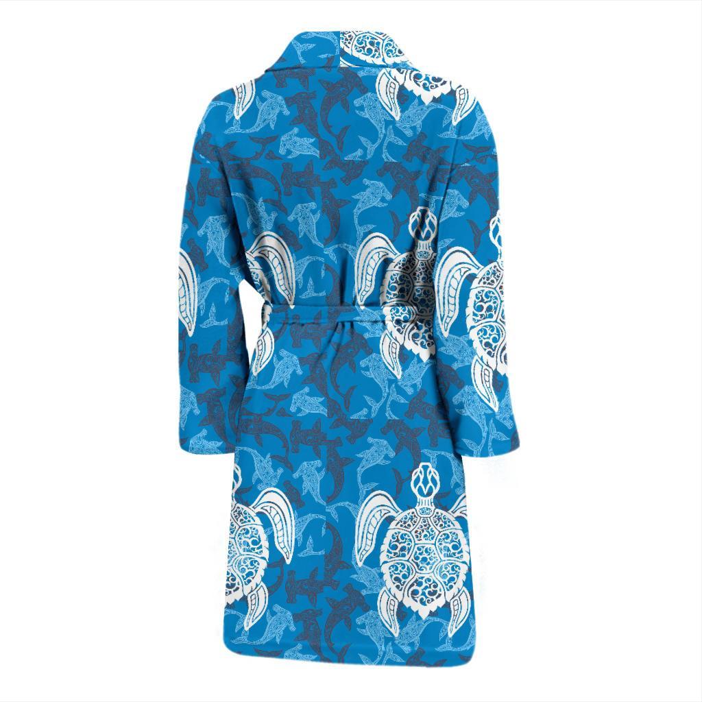 Blue Hawaiian Shark Sea Turtle Pattern Print Men Long Robe-grizzshop