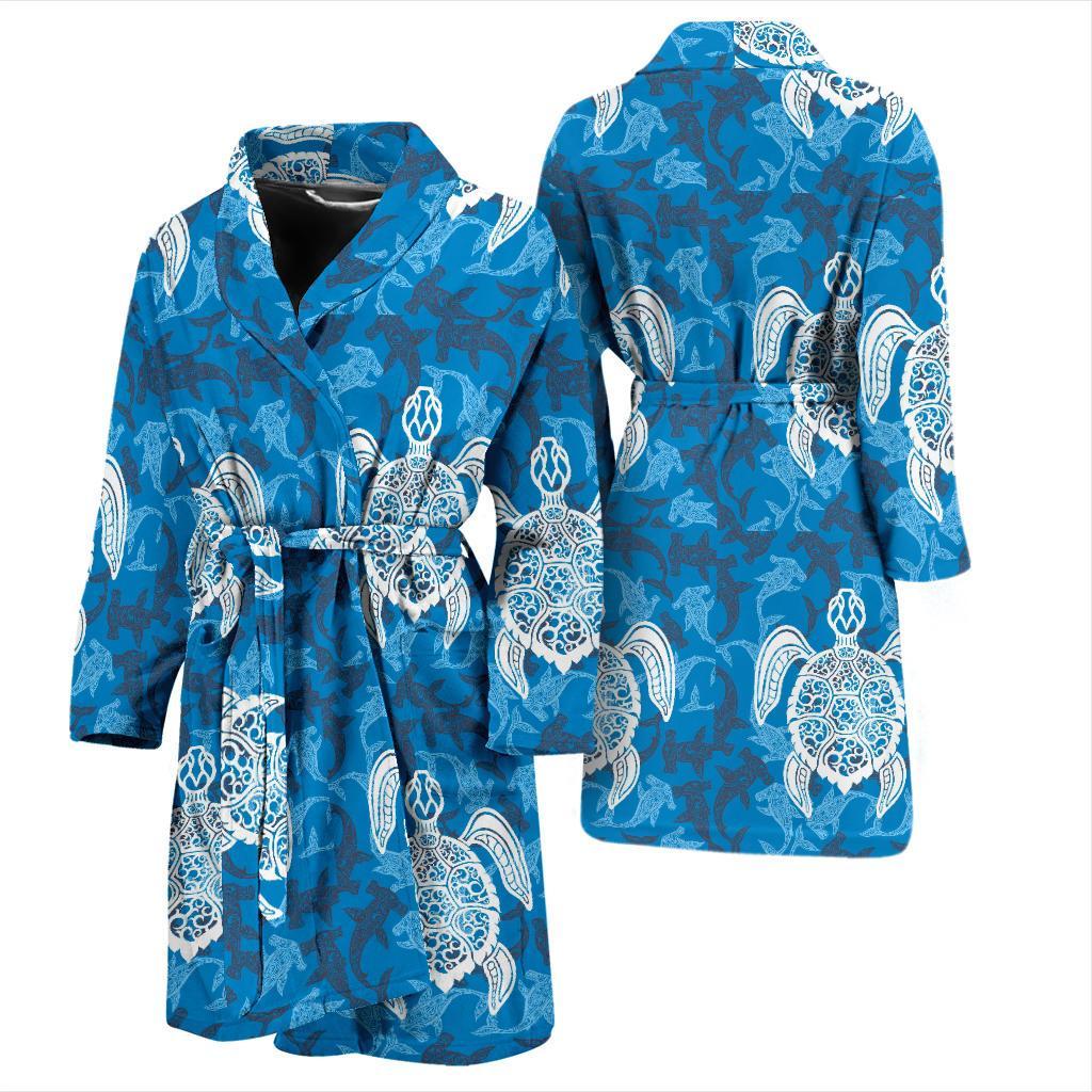 Blue Hawaiian Shark Sea Turtle Pattern Print Men Long Robe-grizzshop