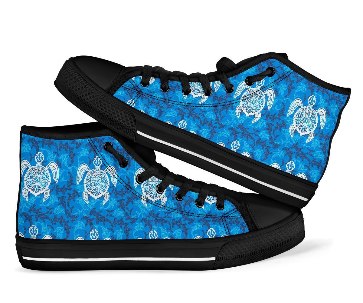 Blue Hawaiian Shark Sea Turtle Pattern Print Men Women's High Top Shoes-grizzshop