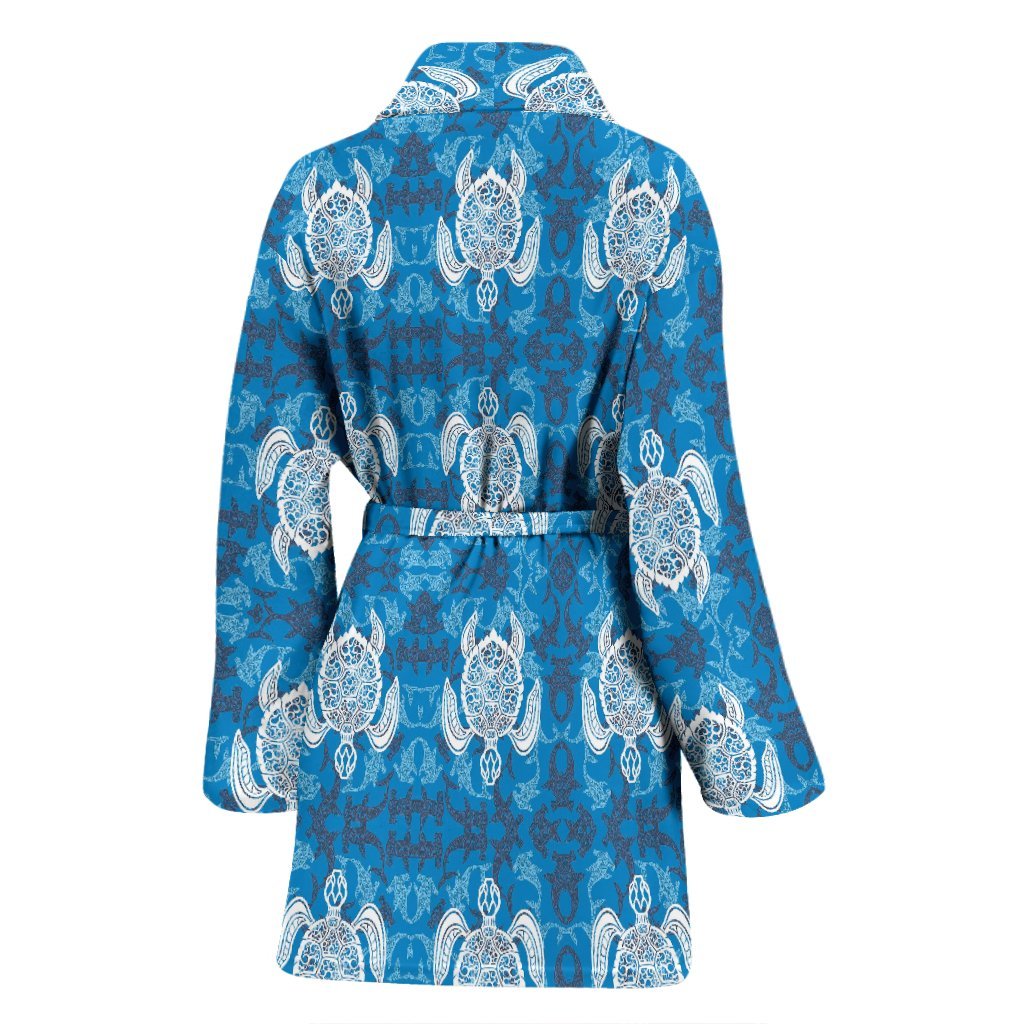 Blue Hawaiian Shark Sea Turtle Pattern Print Women Long Robe-grizzshop