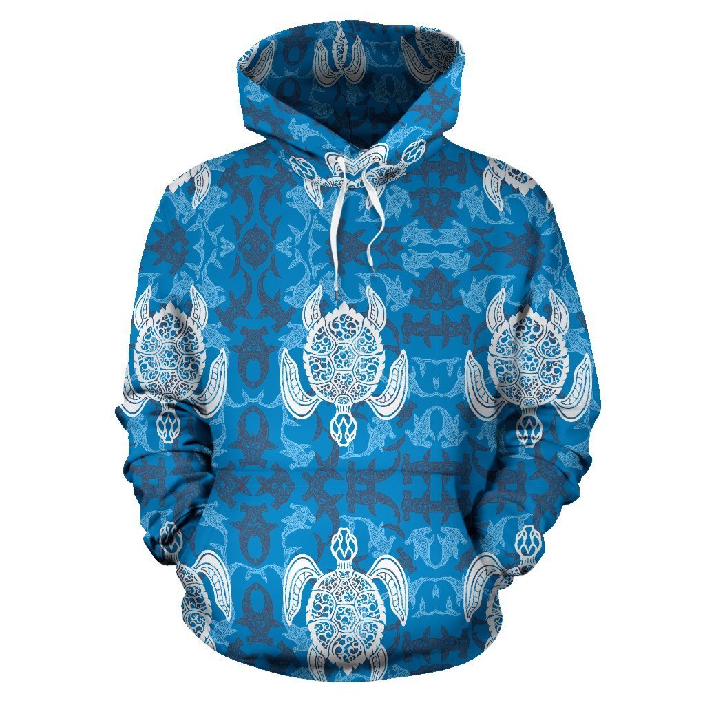 Blue Hawaiian Shark Sea Turtle Pattern Print Women Men Pullover Hoodie-grizzshop