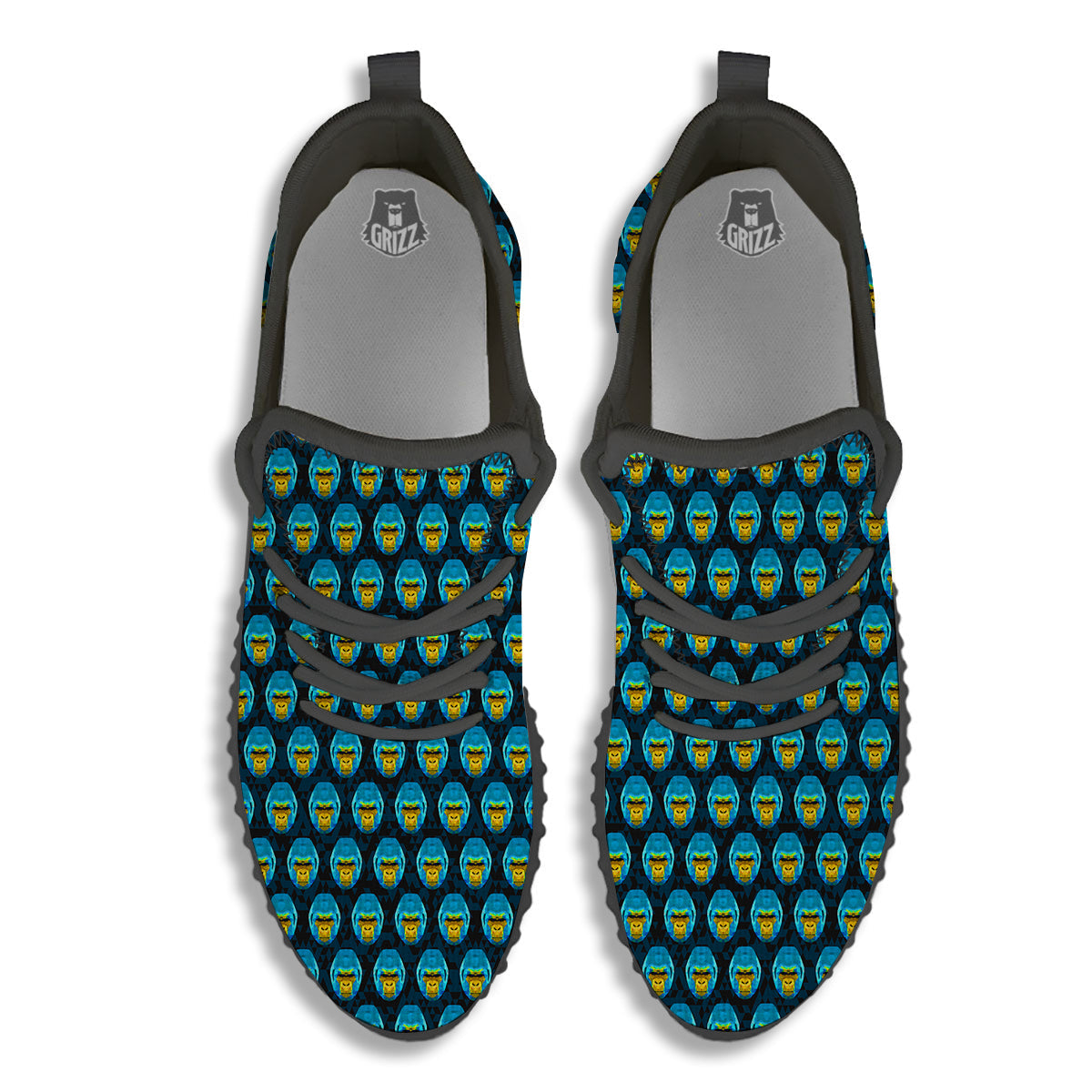 Blue Head Gorilla Geometric Triangle Print Pattern Black Walking Shoes-grizzshop