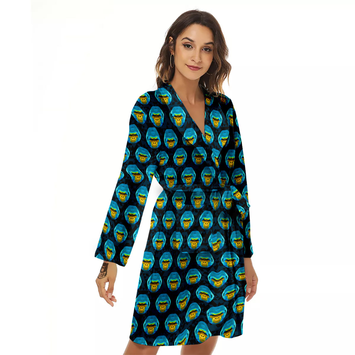 Blue Head Gorilla Geometric Triangle Print Pattern Women's Robe-grizzshop