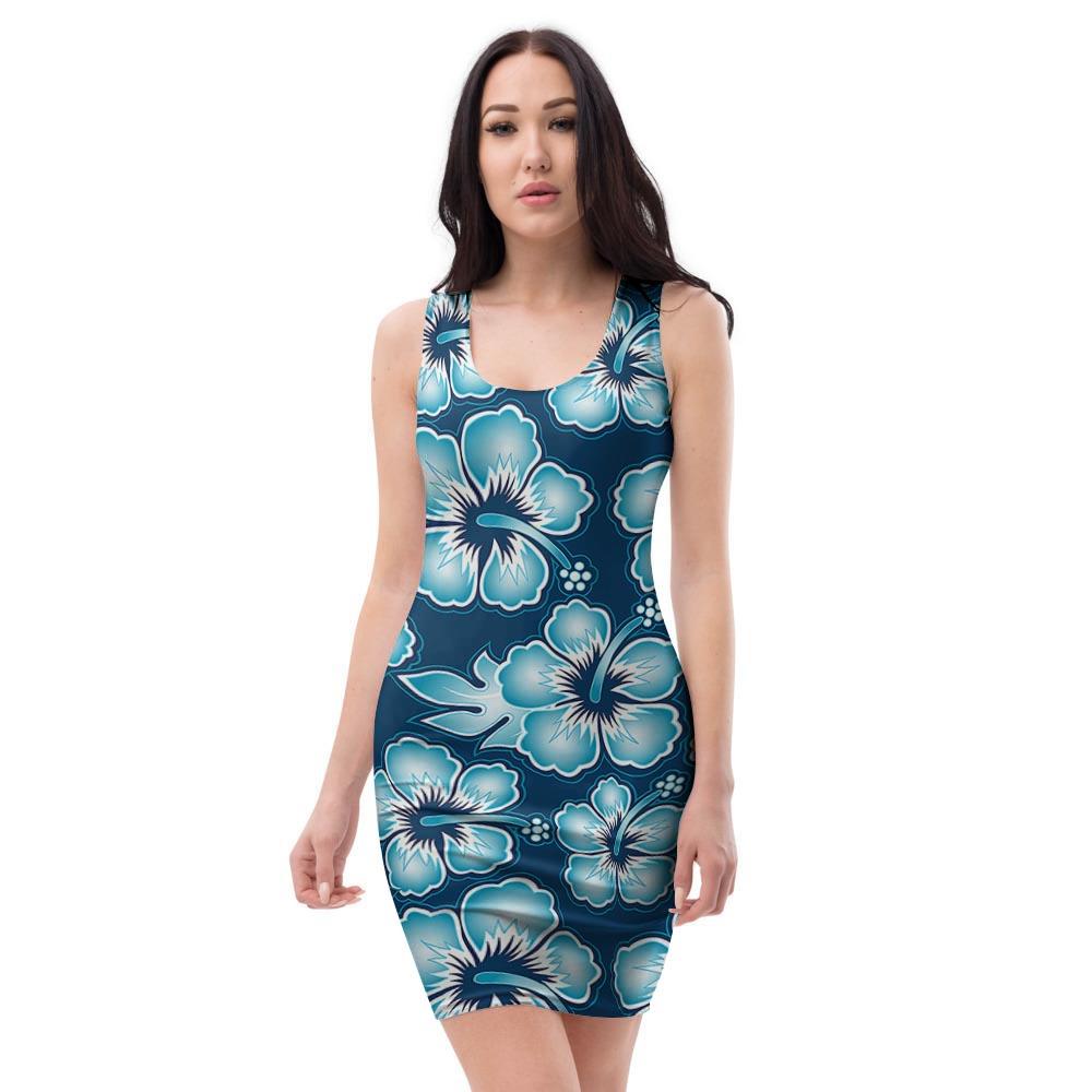 Blue Hibiscus Hawaiian Print Bodycon Dress-grizzshop