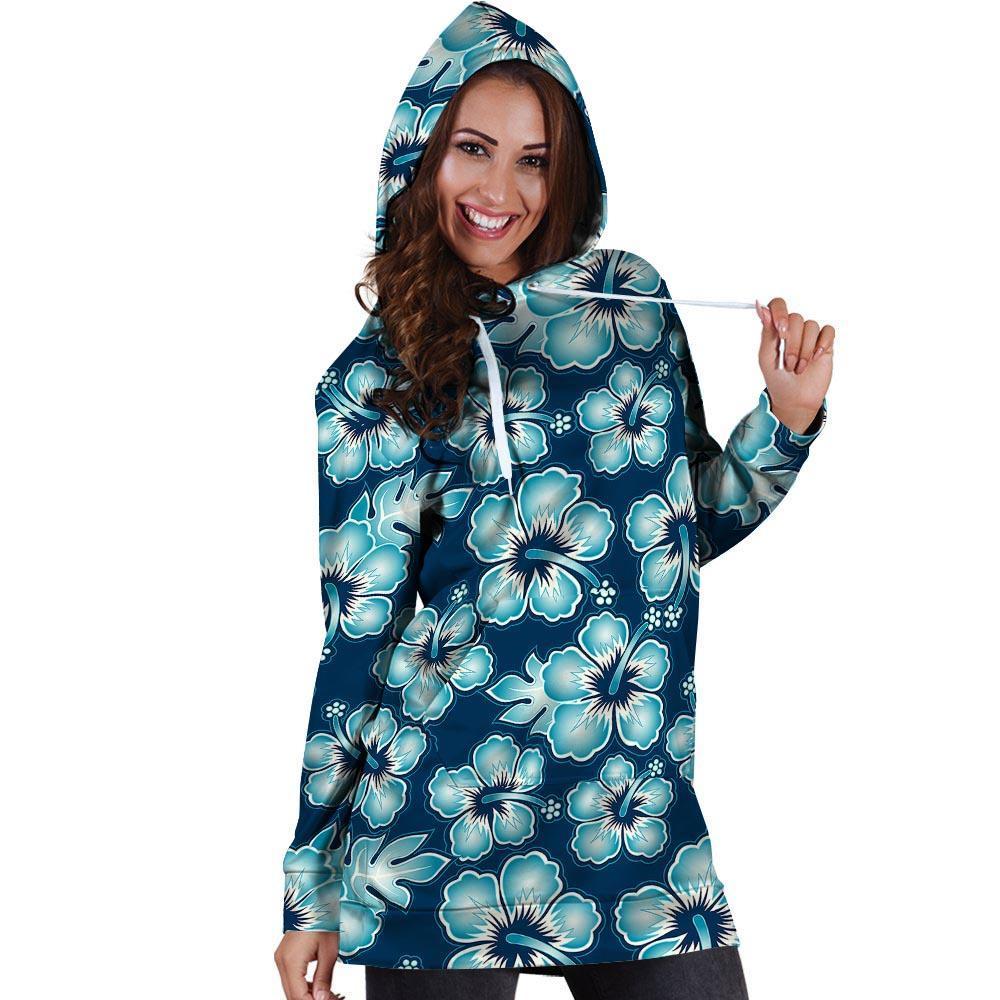 Blue Hibiscus Hawaiian Print Hoodie Dress-grizzshop