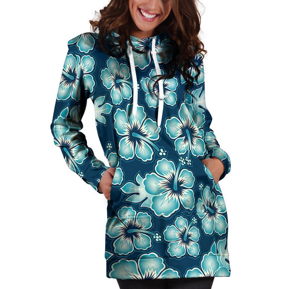 Blue Hibiscus Hawaiian Print Hoodie Dress-grizzshop