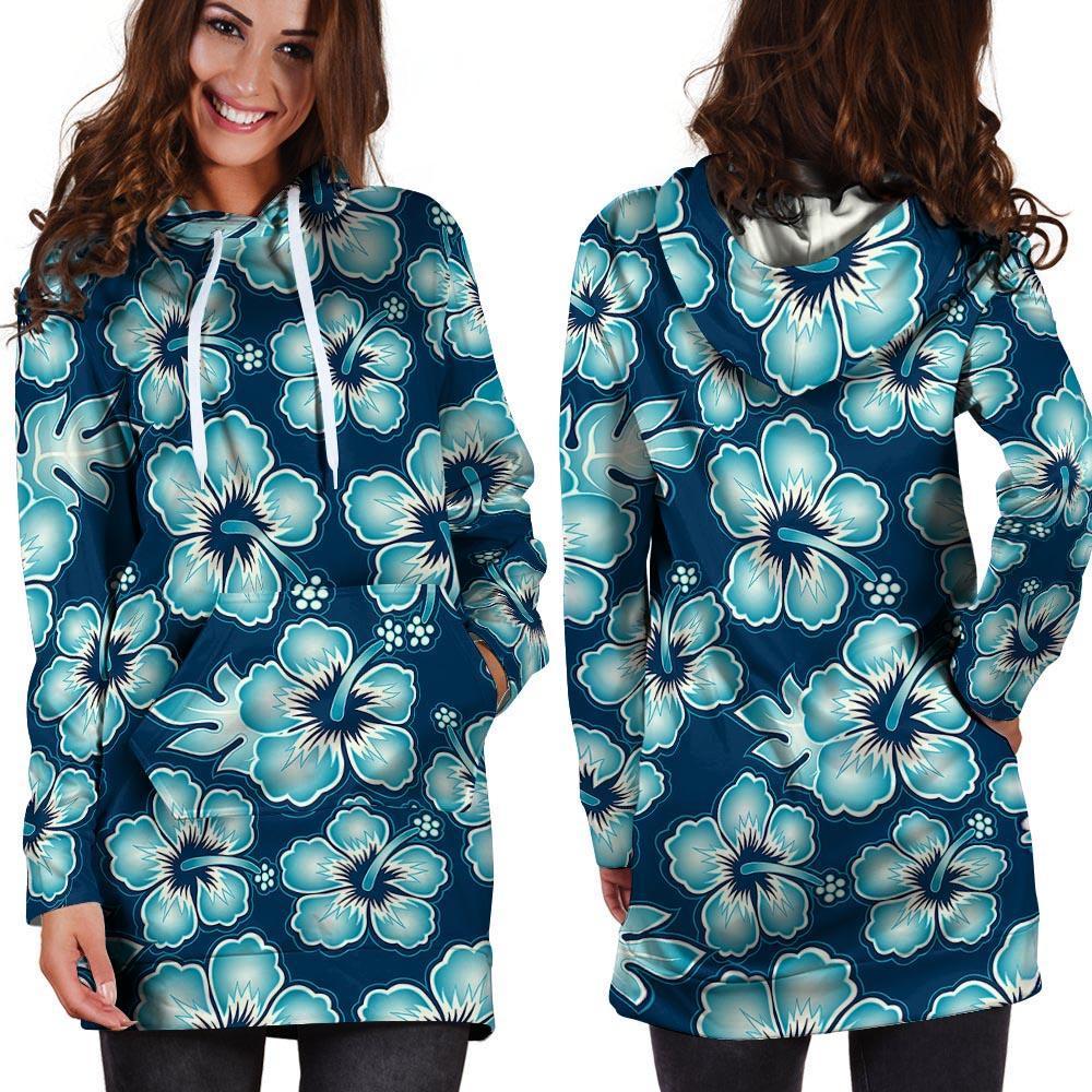 Blue Hibiscus Hawaiian Print Hoodie Dress-grizzshop