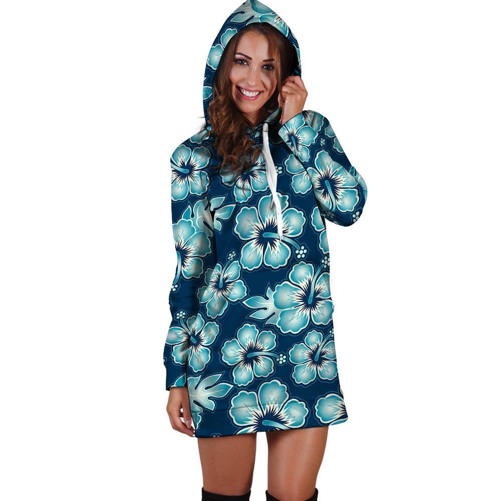 Blue Hibiscus Hawaiian Print Hoodie Dress-grizzshop