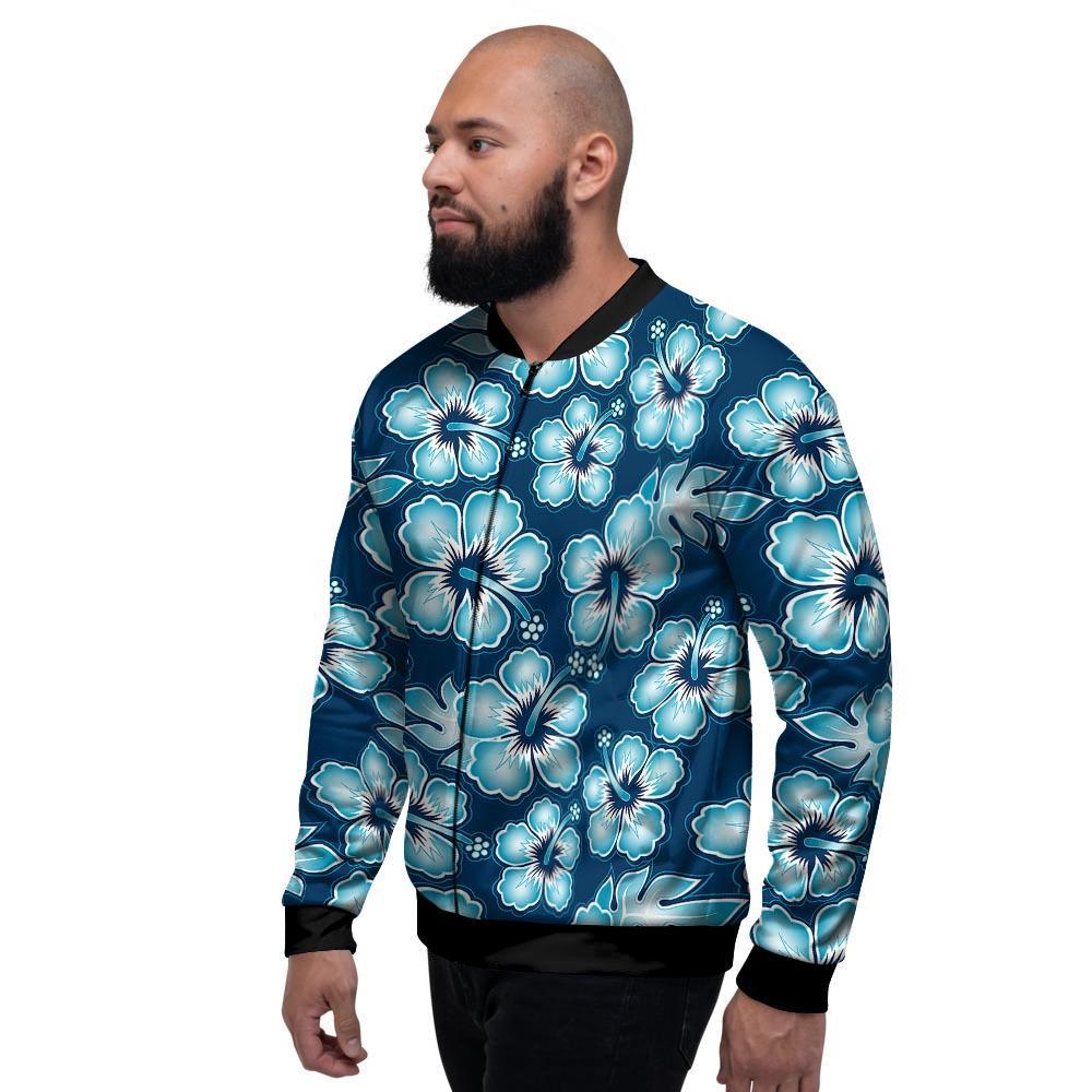 Blue Hibiscus Hawaiian Print Men's Bomber Jacket-grizzshop