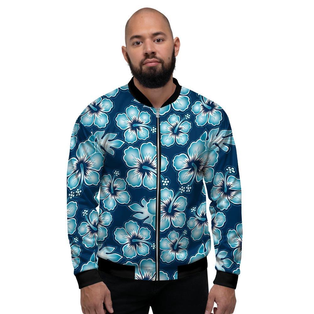 Blue Hibiscus Hawaiian Print Men's Bomber Jacket-grizzshop