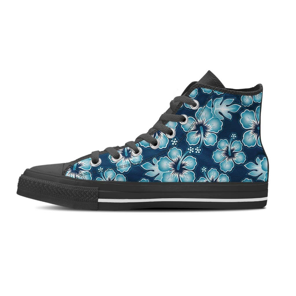 Blue Hibiscus Hawaiian Print Men's High Top Shoes-grizzshop