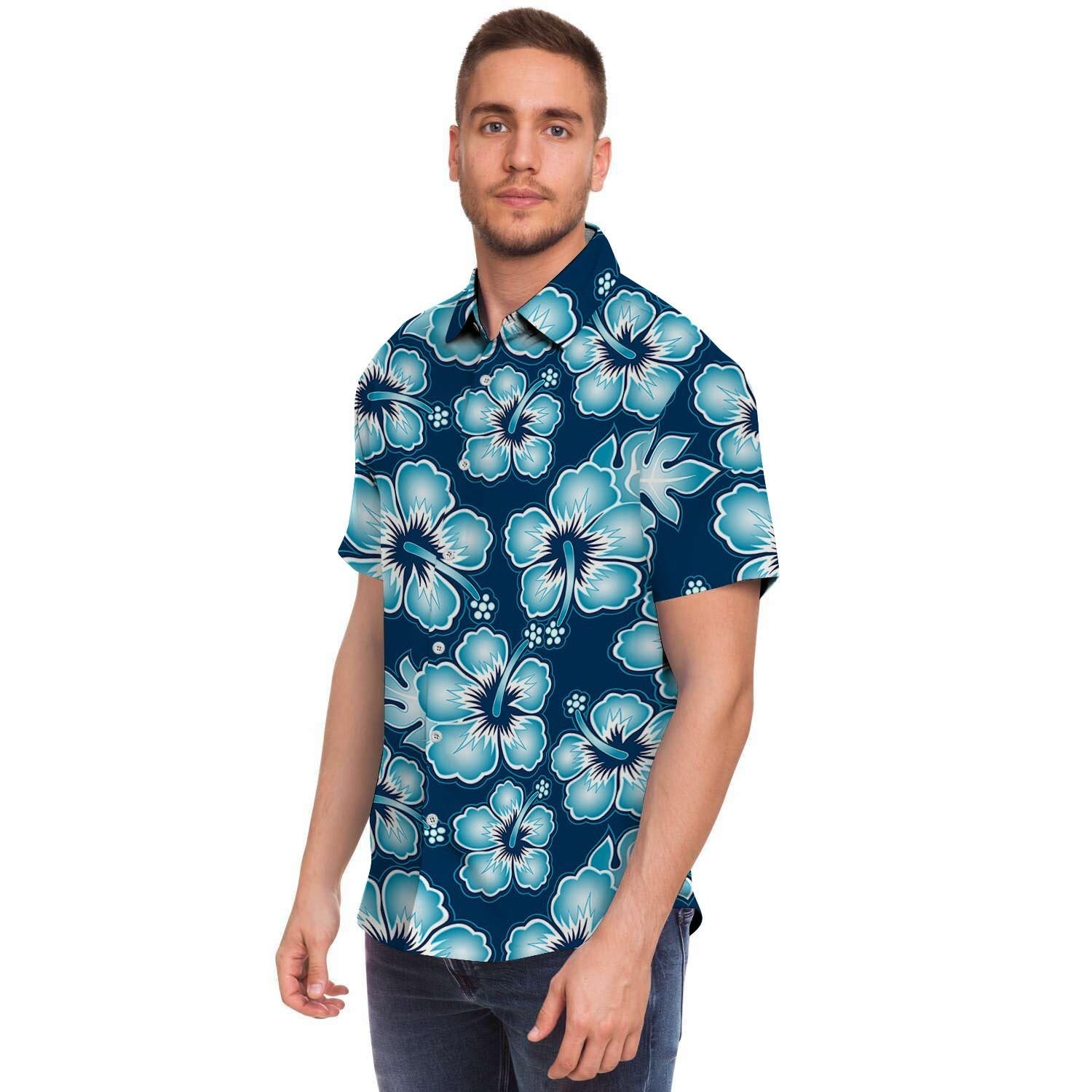 Blue Hibiscus Hawaiian Print Men's Short Sleeve Shirt-grizzshop