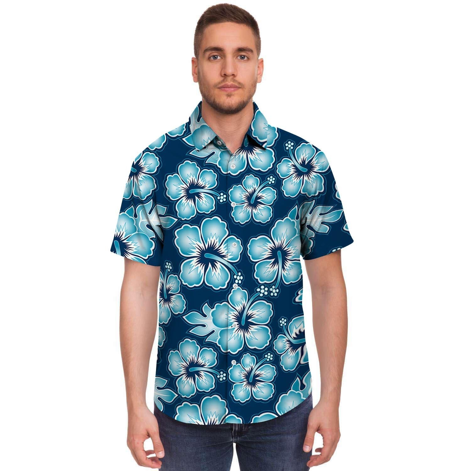 Blue Hibiscus Hawaiian Print Men's Short Sleeve Shirt-grizzshop