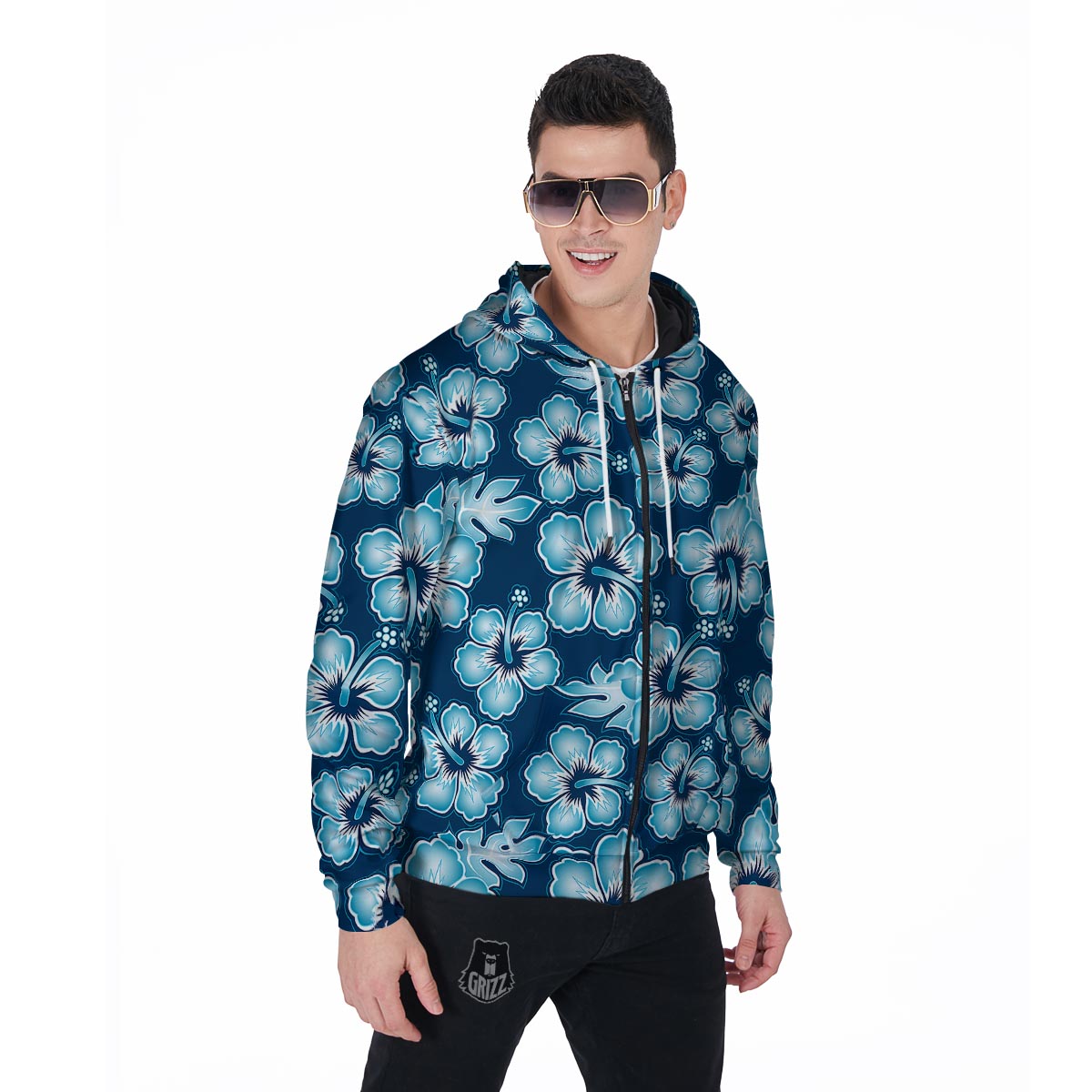 Blue Hibiscus Hawaiian Print Men's Zip Up Hoodie-grizzshop