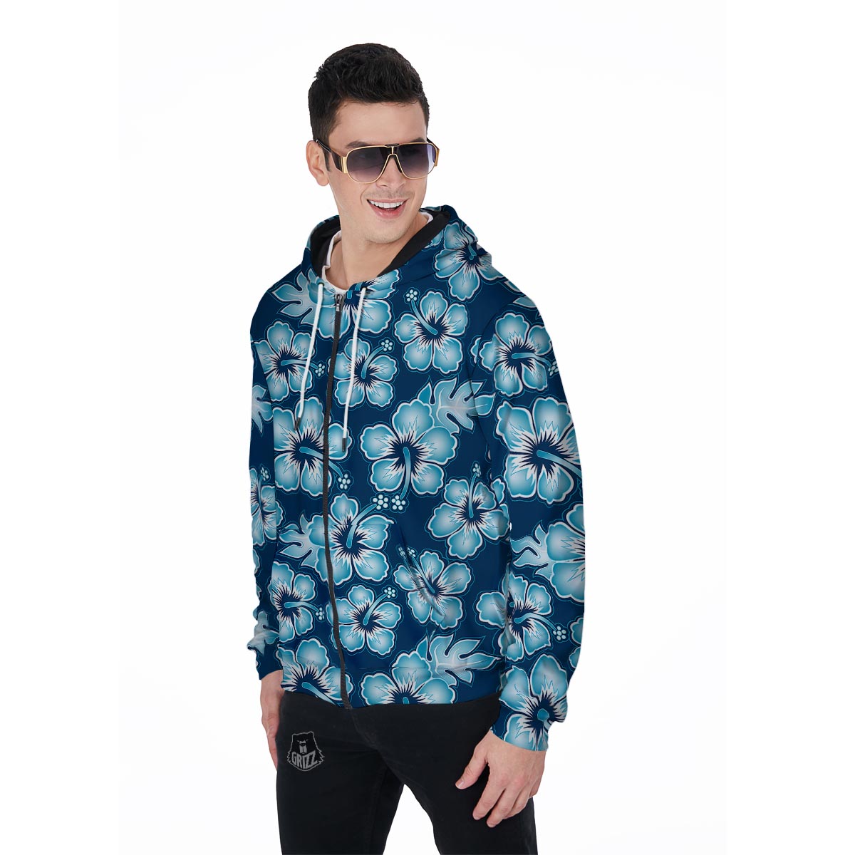 Blue Hibiscus Hawaiian Print Men's Zip Up Hoodie-grizzshop