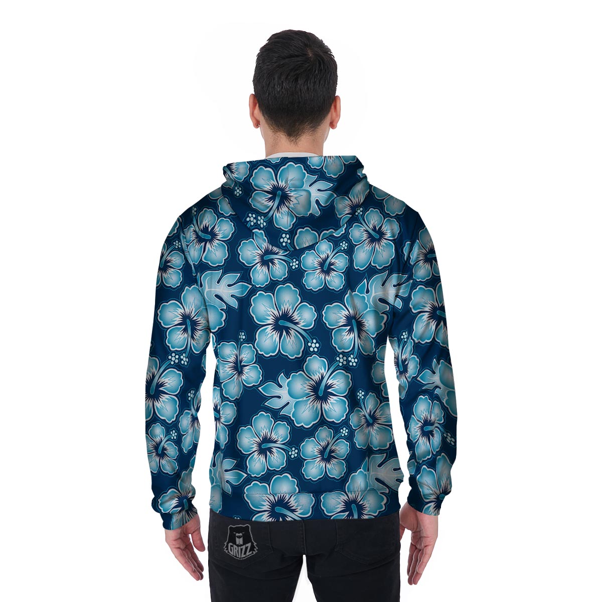 Blue Hibiscus Hawaiian Print Men's Zip Up Hoodie-grizzshop