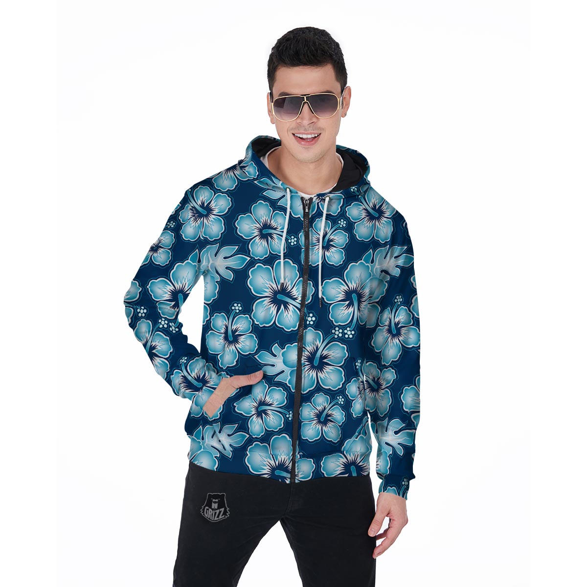 Blue Hibiscus Hawaiian Print Men's Zip Up Hoodie-grizzshop