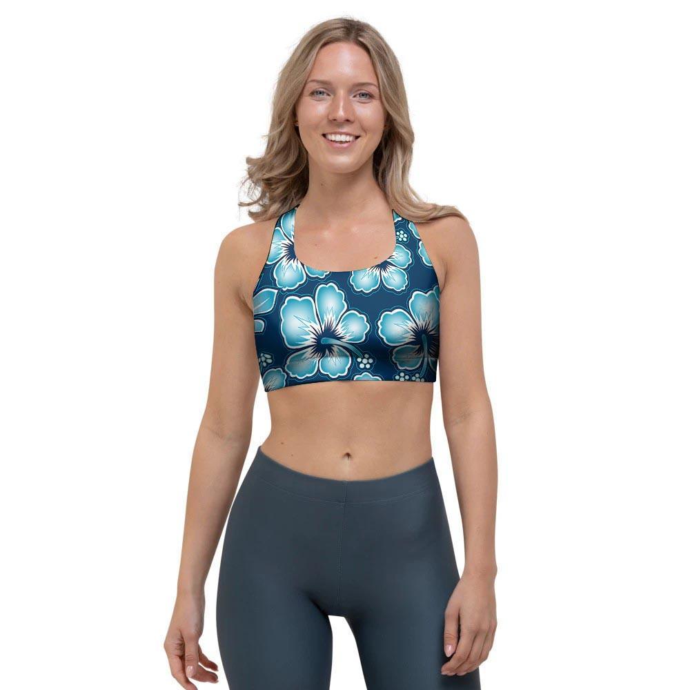 Blue Hibiscus Hawaiian Print Sports Bra-grizzshop