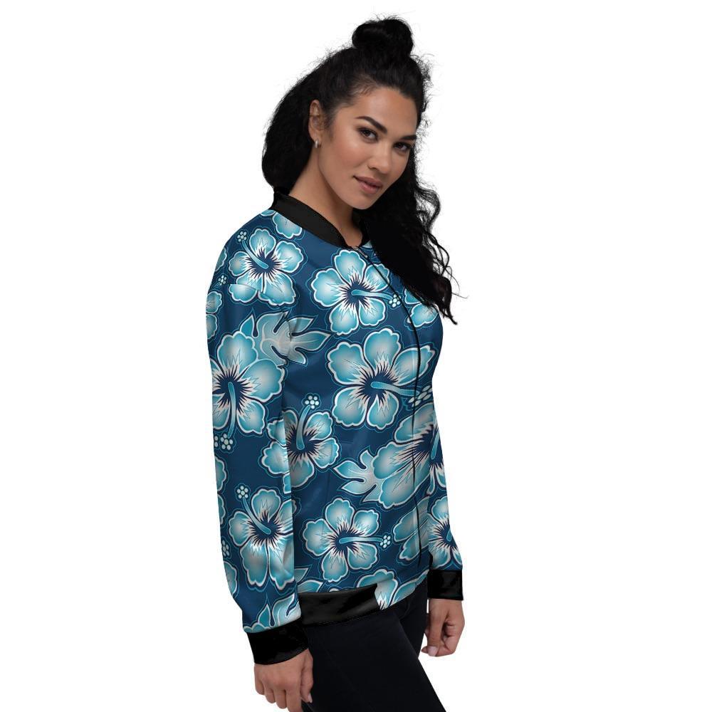 Blue Hibiscus Hawaiian Print Women's Bomber Jacket-grizzshop