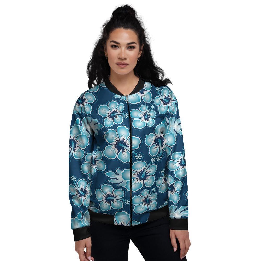 Blue Hibiscus Hawaiian Print Women's Bomber Jacket-grizzshop