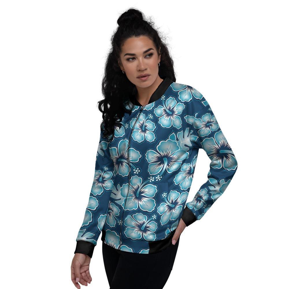 Blue Hibiscus Hawaiian Print Women's Bomber Jacket-grizzshop