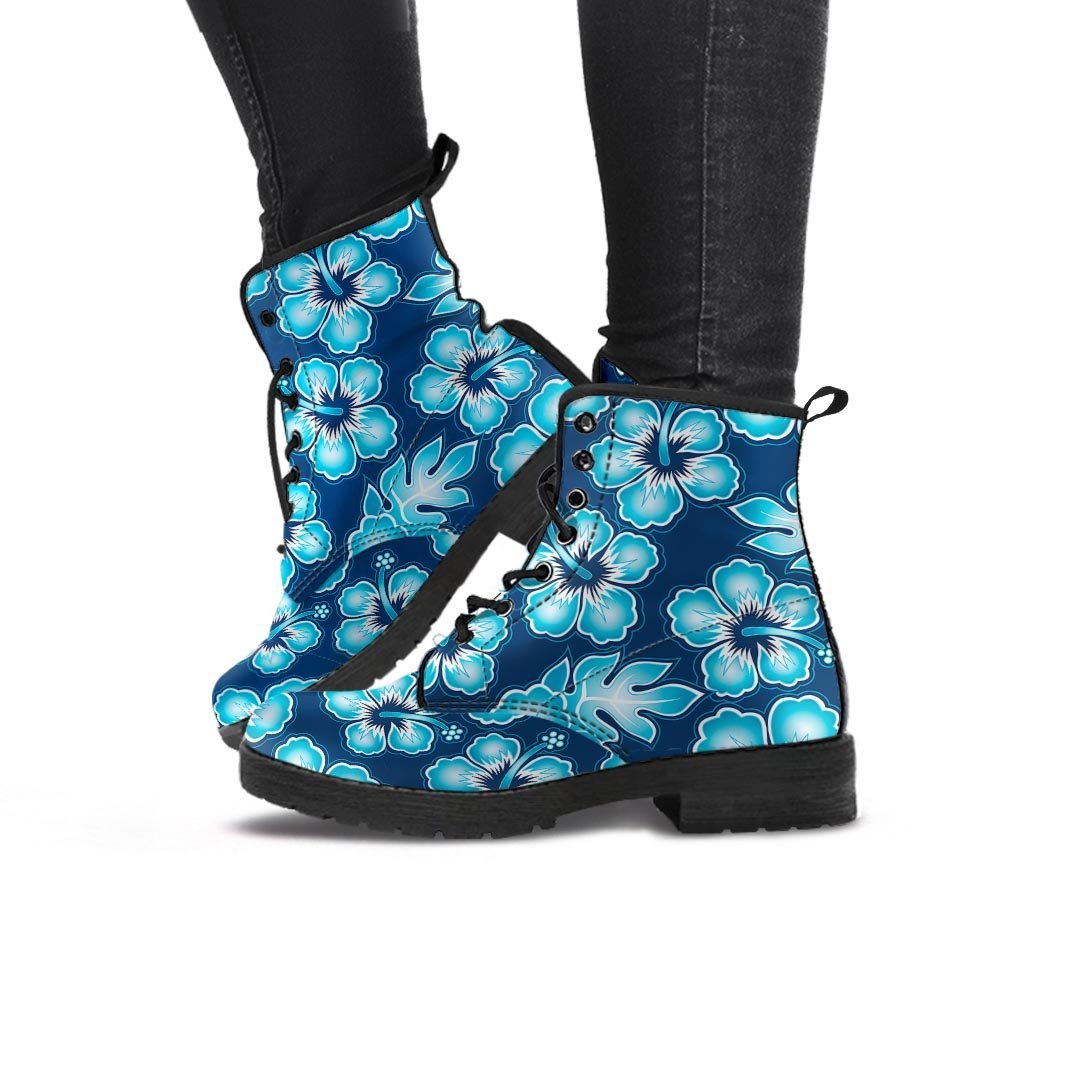 Blue Hibiscus Hawaiian Print Women's Boots-grizzshop