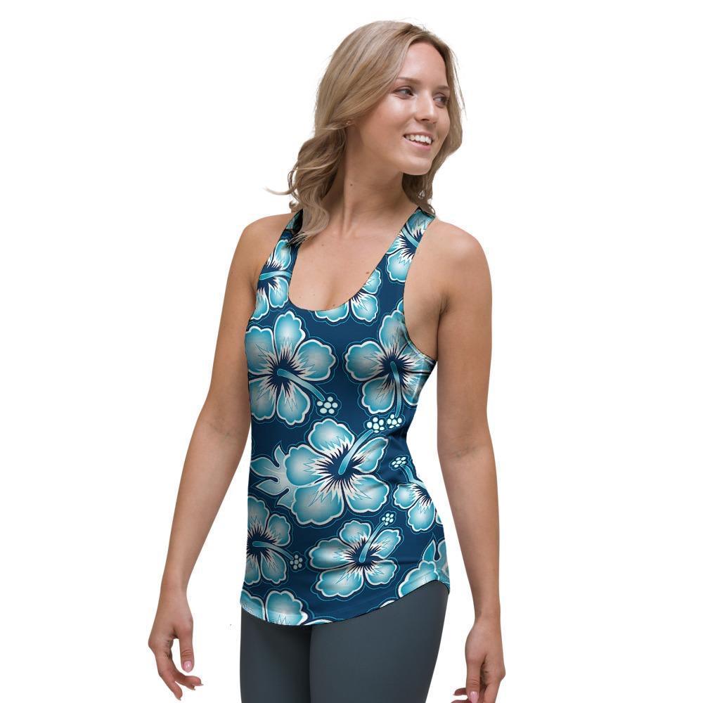 Blue Hibiscus Hawaiian Print Women's Racerback Tank Top-grizzshop