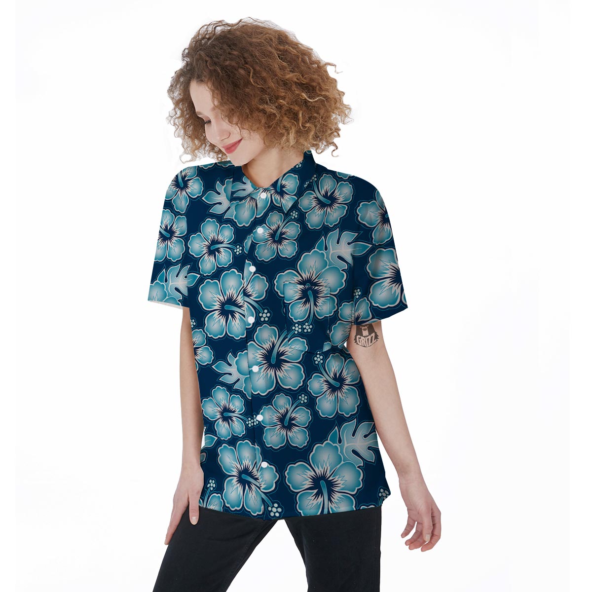 Blue Hibiscus Hawaiian Print Women's Short Sleeve Shirts-grizzshop