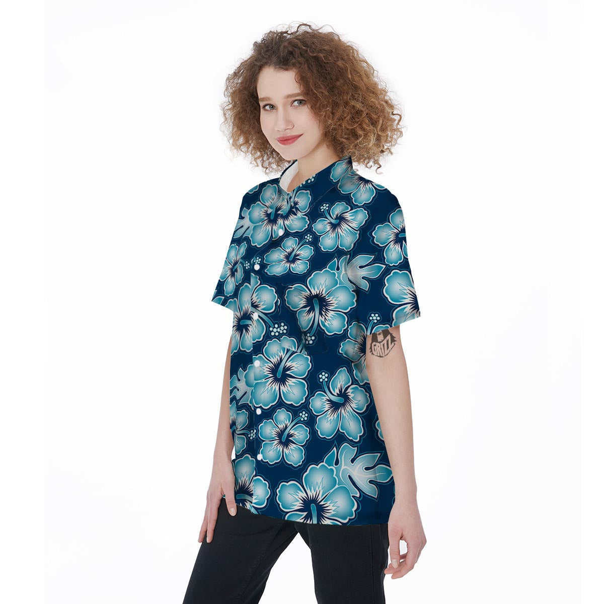 Blue Hibiscus Hawaiian Print Women's Short Sleeve Shirts-grizzshop