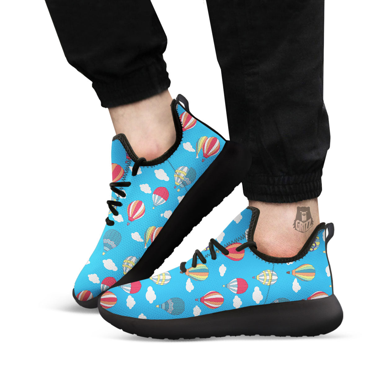 Blue Hot Air Balloon Print Pattern Black Athletic Shoes-grizzshop