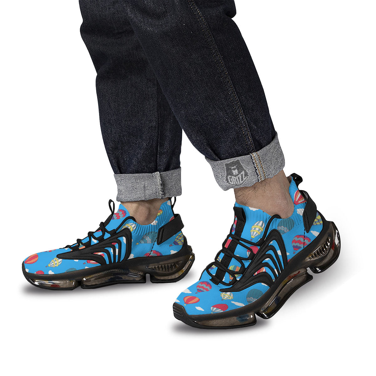 Blue Hot Air Balloon Print Pattern Black Gym Shoes-grizzshop